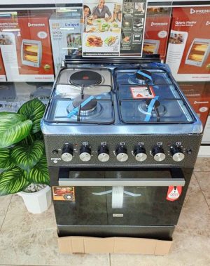 Mika Standing Cookers 3+1 60*60 with Electric Oven @37,500 Black body Stainless Steel Top