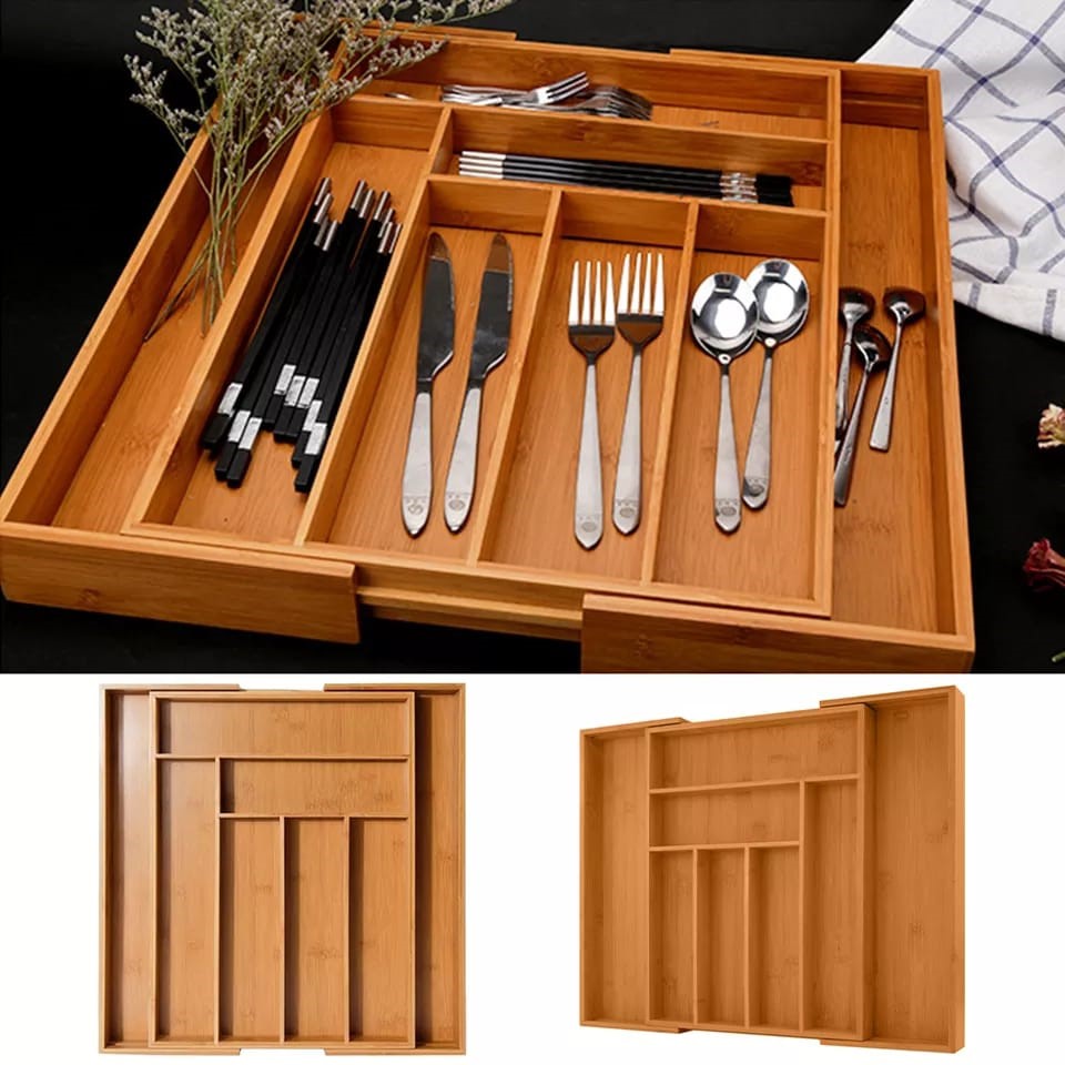 Multifunctional Big bamboo Expandable wooden cutlery drawer organizer as part of the ultimate kitchen organization package